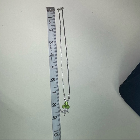 Silver Tone Necklace with Green Clover-style Pendant with Rhinestones - Picture 5 of 6